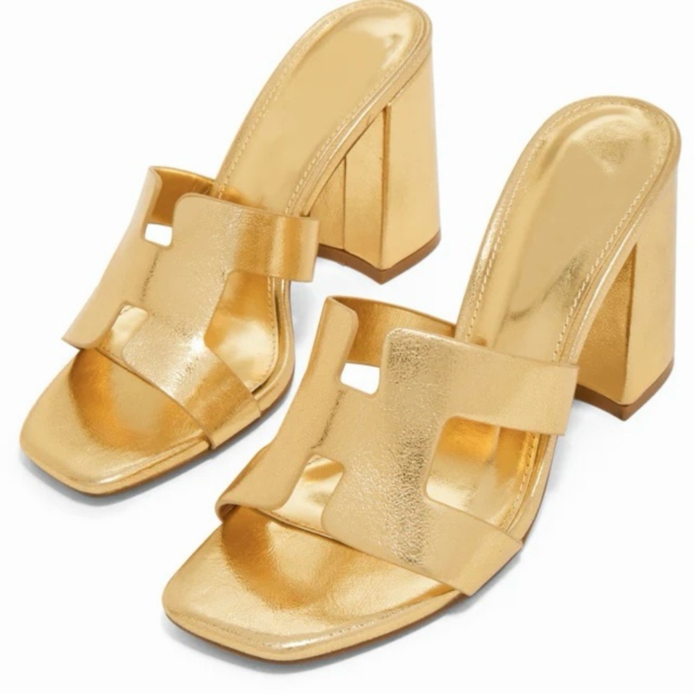 Gold Women's Block Heel Sandals Mule - Picture 3 of 5